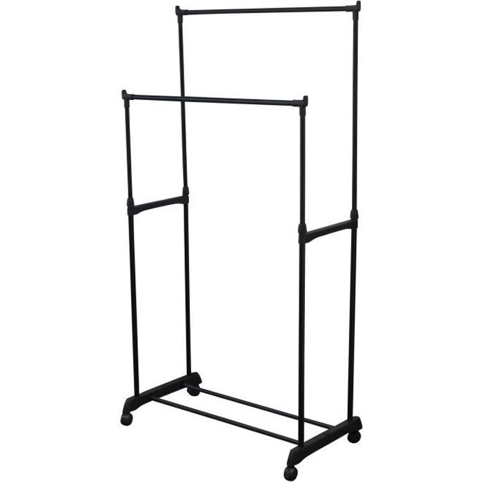 Portant à vêtements et chaussures - 2 barres de penderie - 1 étagère - Extensible - Métal - ABS - Noir - 92-160x42x80cm