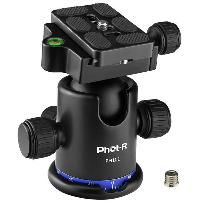 Phot-R PH101 Rotule 360° Caméra Panoramique Trépied Rotule ¼- Arca-Swiss Quick Release Platine & Niveau À Bulles, Charge Max 17.6