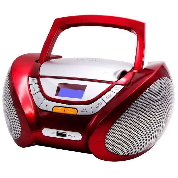 Lauson CP442 Lecteur CD Boombox Radio Portable avec USB, Lecteur MP3 pour Enfant. Prise Casque, Aux-in, Écran LCD (Rouge)