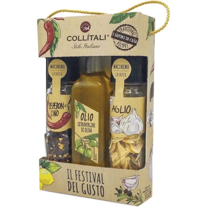 COLLITALI TRIO 3 condiments PASTA : 1 bouteille HO extra vierge 100 ml /1 flacon broyeur ail 8 g / 1 flacon broyeur piment