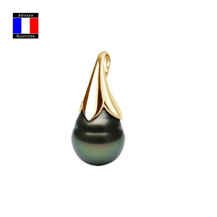 Compagnie Générale des Perles - Pendentif Fleur - Véritable Perle de Tahiti Poire 9-10 mm Or Jaune 18 Cts - Bijou Femme
