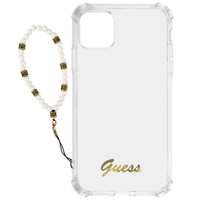 Coque iPhone 12 et 12 Pro Antichoc Transparent Bijou Perle Bracelet Blanc Guess