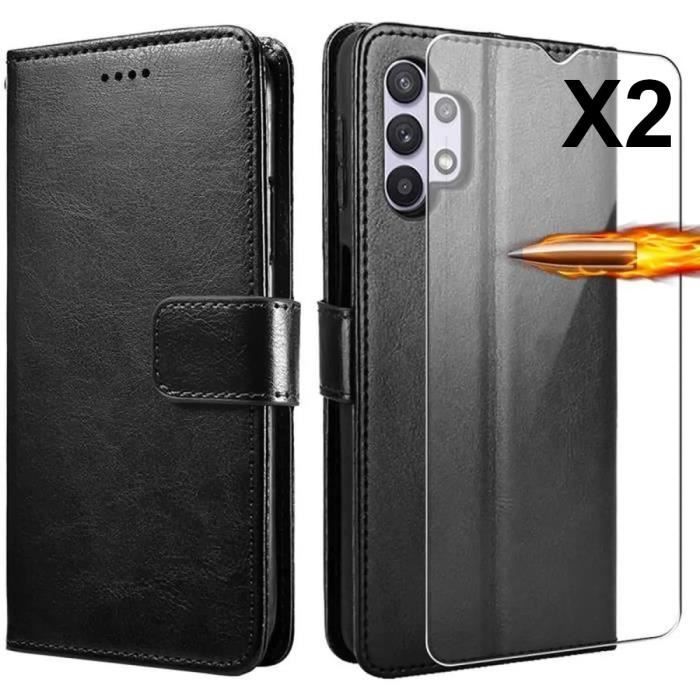 Etui Coque Galaxy A32 5G + 2 Verre trempé simili cuir Noir