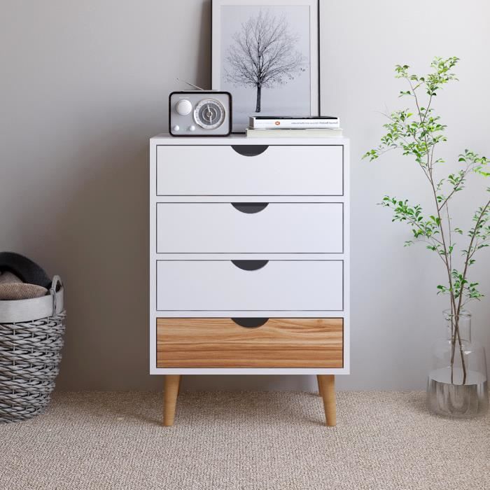 Meerveil-Commode-Meuble de Rangement avec 4 Tiroirs, Commode Scandinave sans Poignées, Pieds en Bois Massif,Blanc + Chêne