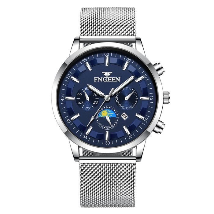 RMEGA Montre Homme Luxe Montre Bracelet Homme Affaires Quartz Etanche Acier Inoxydable Bande Acier Cadran Bleu