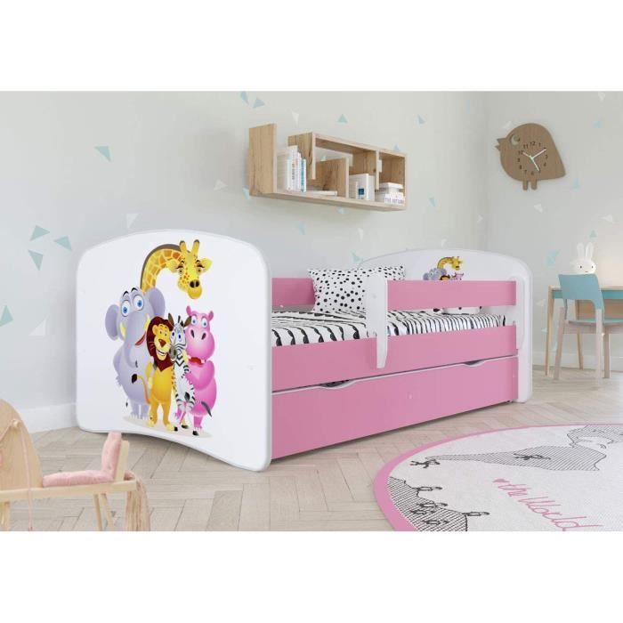 Lit Enfant Rose avec Matelas Inclus 70x140 cm avec Barrière de Sécurité, Tiroir et Sommier à Lattes - pour Garçons et Filles - Zoo