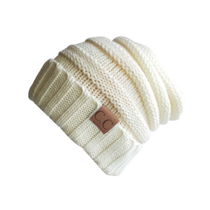 Bonnet Hiver Femme Chaud En Tricot Couleur Unie Blanc