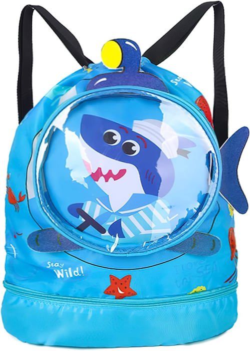 Sac à Dos Cordon Enfant Imperméable Natation – Séparation Sec/Humide + Compartiment Chaussures & Lunettes – Motif Requin Fun