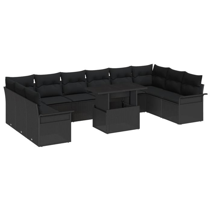 vidaXL Ensemble Canapé de Jardin de 11 Pièces avec Coussins en Poly Rattan Noir 3357096