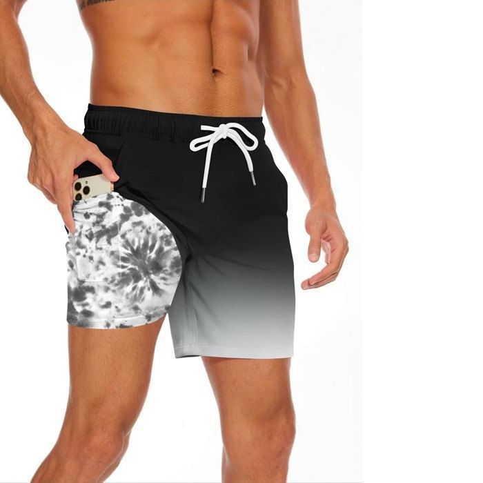 Short de Bain Homme 2 en 1 Avec Doublure de Compression Short de Plage Séchage Rapide Couleur Dégradé Avec Poches - Noir