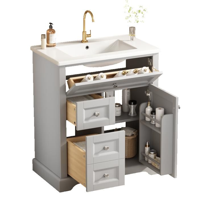 Petit Meuble sous vasque salle de bain 4 Tiroirs -Meuble lavabo main wc et bassin intégré -76x46x87cm gris