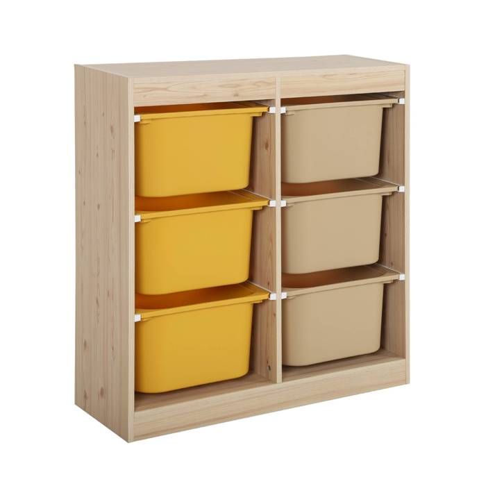 Meuble de rangement enfant 6 bacs de rangement en plastique moutarde taupe - Sora Meuble de rangement enfant 6 bacs de rangement en plastique moutarde taupe - Sora