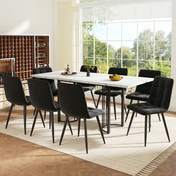Table à manger extensible - LANGTU - Ensemble 140-179.5 x 80 x 755 cm - 8 chaises velours noir - MDF & pieds métal