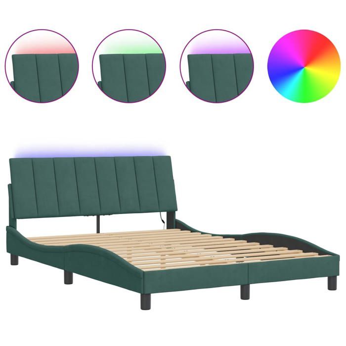 Lit 2 Personnes - KENNETH - Structure de lit Adulte/enfant - - avec lumières LED - vert foncé 140x190 cm - velours LL2542