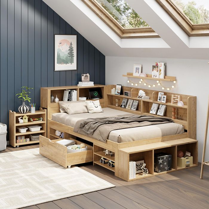 Lit enfant 90 x 200 cm avec rangements intégrés — bois naturel sommier inclus sans matelas