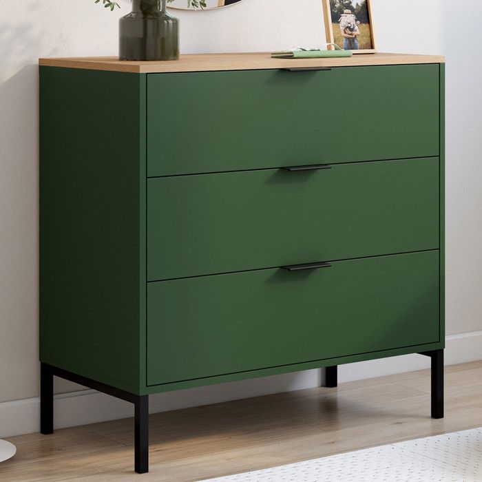 IDMARKET Commode 3 tiroirs KELIA 80 cm vert kaki et plateau bois IDMARKET Commode 3 tiroirs KELIA 80 cm vert kaki et plateau bois