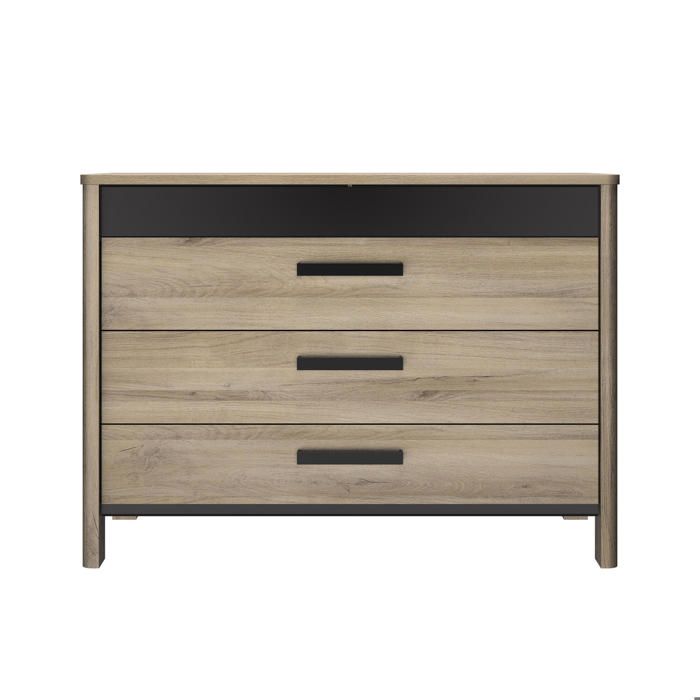 Commode 4 tiroirs effet bois chêne clair avec finition laquée noire Commode 4 tiroirs effet bois chêne clair avec finition laquée noire