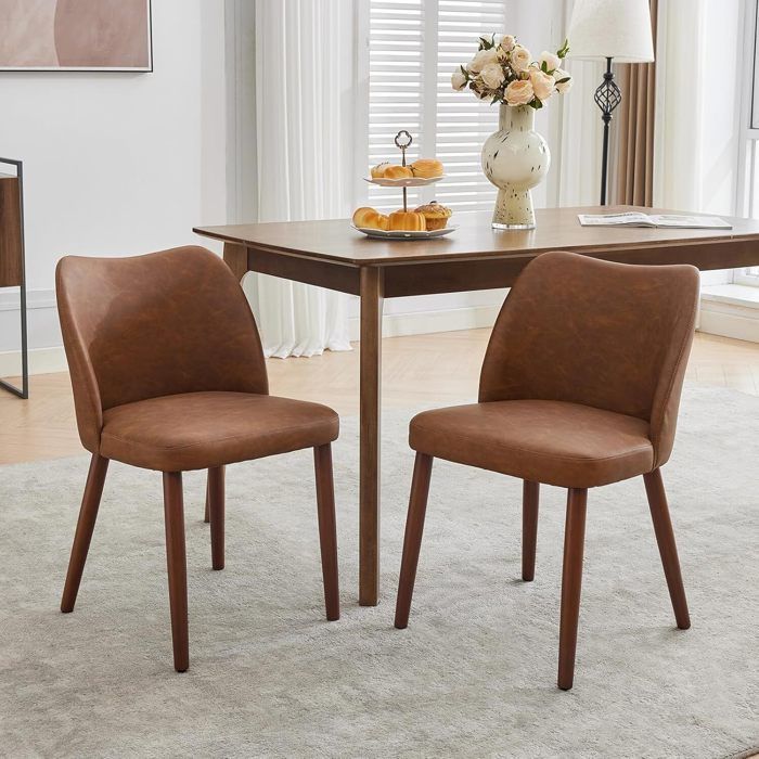 2PCS Chaises de Salle à Manger en Cuir Dossier Volumé et Pieds en Bois - Chaises Cuisine Salon avec Coussins Épais Marron