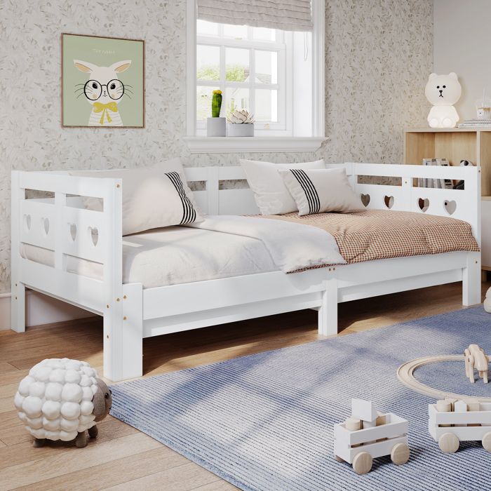 Lit gigogne 90/182×200 cm en pin massif blanc forme cœur décorative 2 couchages avec sommier à lattes