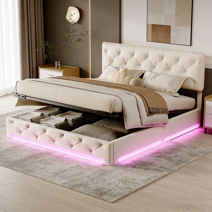 Lit coffre - 160 x 200 - Sommier à lattes - LED RGB - Rangement hydraulique