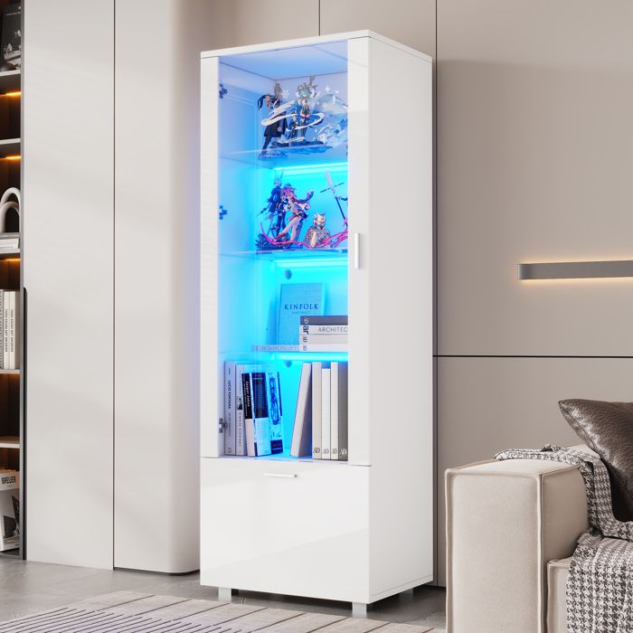Vitrine laquée brillante - MODERNLUXE - 50x40x160 cm - Éclairage LED intégré - Porte en acrylique - Blanc Vitrine laquée brillante - MODERNLUXE - 50x40x160 cm - Éclairage LED intégré - Porte en acrylique - Blanc