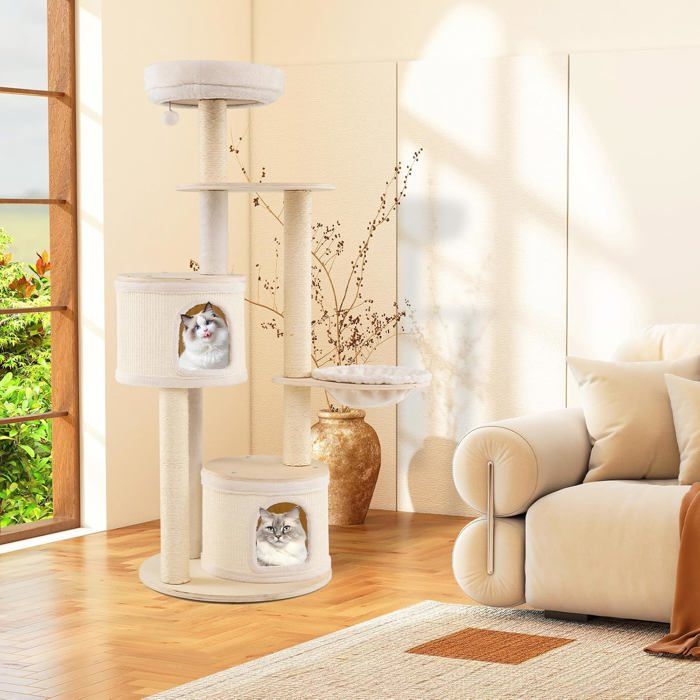 GIANTEX Arbre à Chat en Bois 152 CM avec 2 Niches à Housse Amovible  Poteaux en Sisal Coussin Lavable Antidérapant Beige