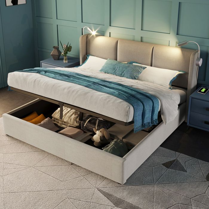 Lit coffre - KOMHTOM - 140x200 - Rembourré PU beige - Tête LED avec port USB - Sommier et matelas inclus
