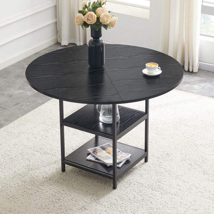 Table à manger ronde - 107 cm de diamètre - Double niveau de rangement - MDF noir - Cadre en métal