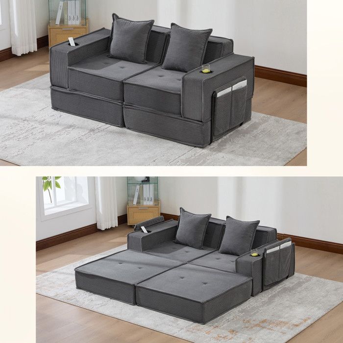 Canapé de salon 2 places 162 x 78 x 66 cm avec deux coussins - Canapé-lit convertible - Chaise longue de salon - Gris foncé