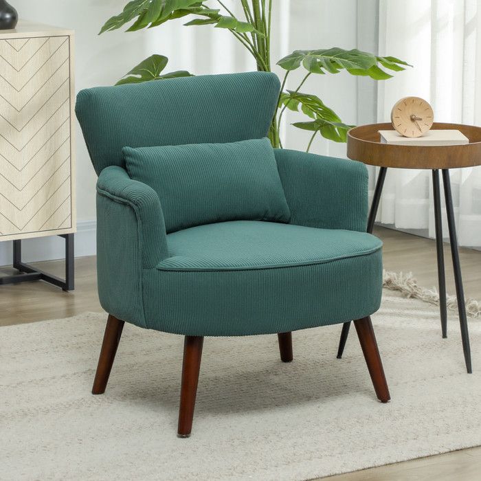 Fauteuil avec dossier accoudoirs arrondis revêtement en velours côtelé pieds en bois pour chambre ou salon
