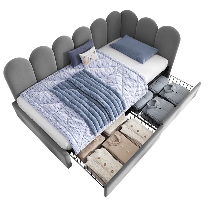 Lit Enfant 90x190 Cm Lit Simple Avec 2 Tiroirs De Rangement Velours Gris