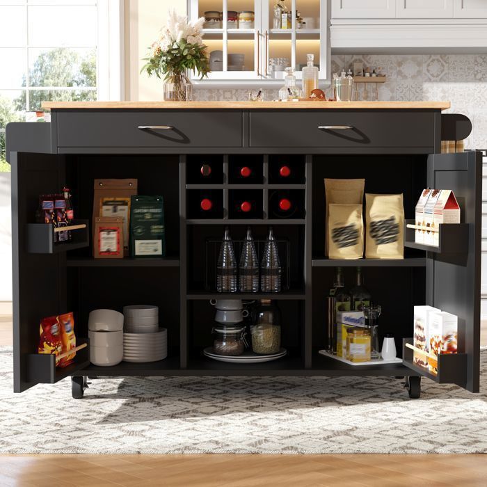 Desserte de Cuisine Îlot de cuisine mobile avec range-bouteilles - étagères réglables - MDF et métal - 102x45x92 cm - noir