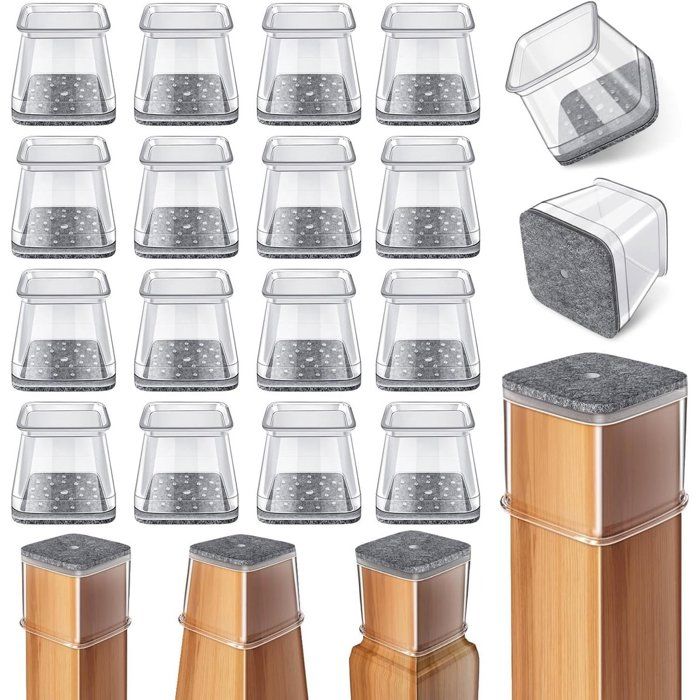 Embouts carrés pour pieds de chaise 24 pièces protection en silicone transparent avec feutre pour parquet 27-39 mm