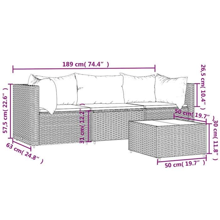 Sofa de Terrasse Canapé dExtérieur Gris - Salon de jardin 4 pcs - avec coussins Gris Résine tressée 63x63x57 5cm 27.25 Kg 6044850
