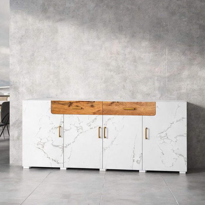 Grand meuble sideboard de rangement 208 x 39 5 x 80 cm 4 portes 2 tiroirs white-toned panneaux de particules