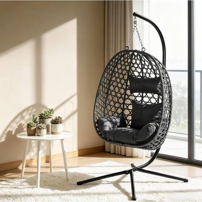 Fauteuil suspendu œuf avec support EVRYAE 105 x 105 x 195 cm hauteur réglable rotin PE anthracite