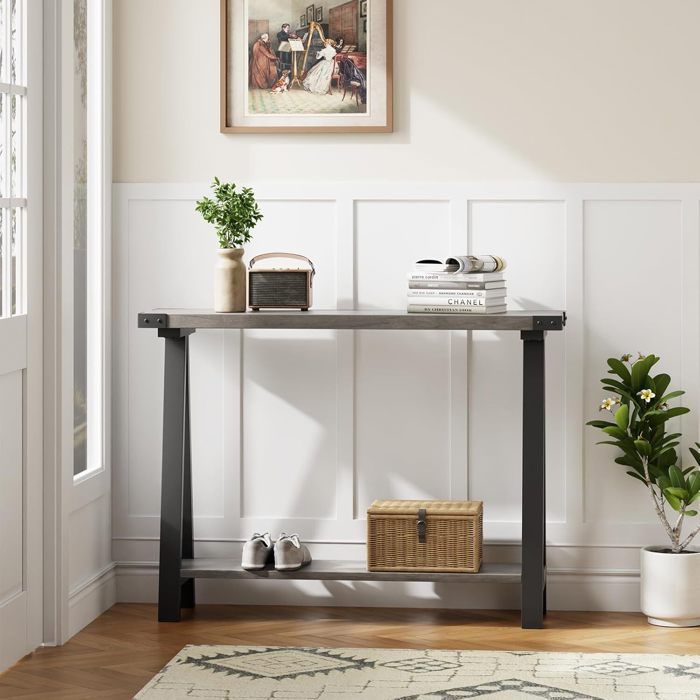Table Console étroite Console Meuble 2 Niveaux Style Ferme Étagère de Rangement Ouverte pour Salon entrée derrière canapé Gris