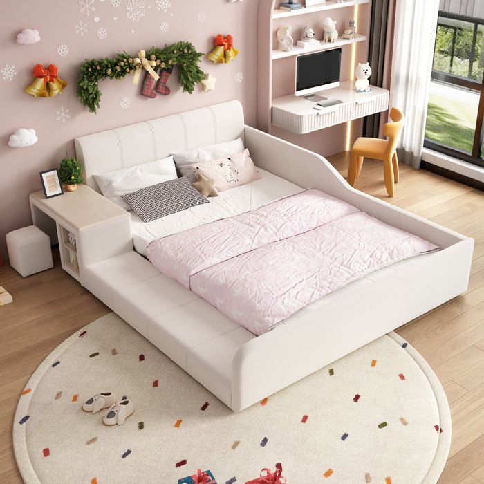 Lit combiné enfant - Bureau et tabouret inclus - Velours blanc - 140 x 200 cm