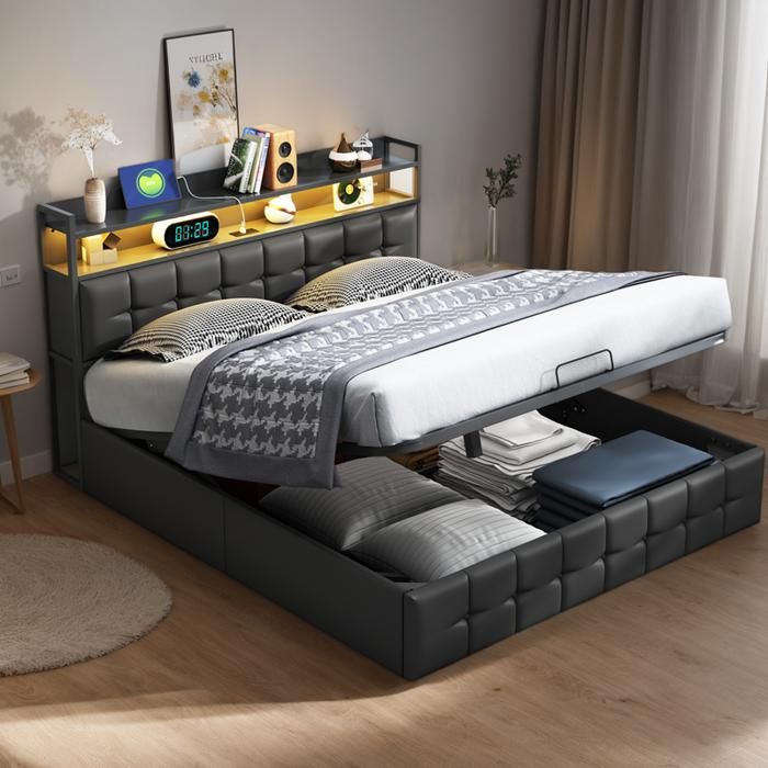 Lit Coffre 140x200 cm avec LED et USB Lit Rembourré avec Double Etagère Tête de Lit Lit Double avec Sommier PU Noir