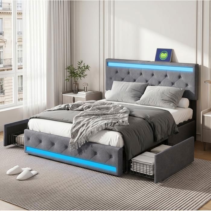 Lit 140 × 200 cm avec tiroirs de rangement lit double avec prise USB lit adulte avec éclairage LED lit rembourré lin grise