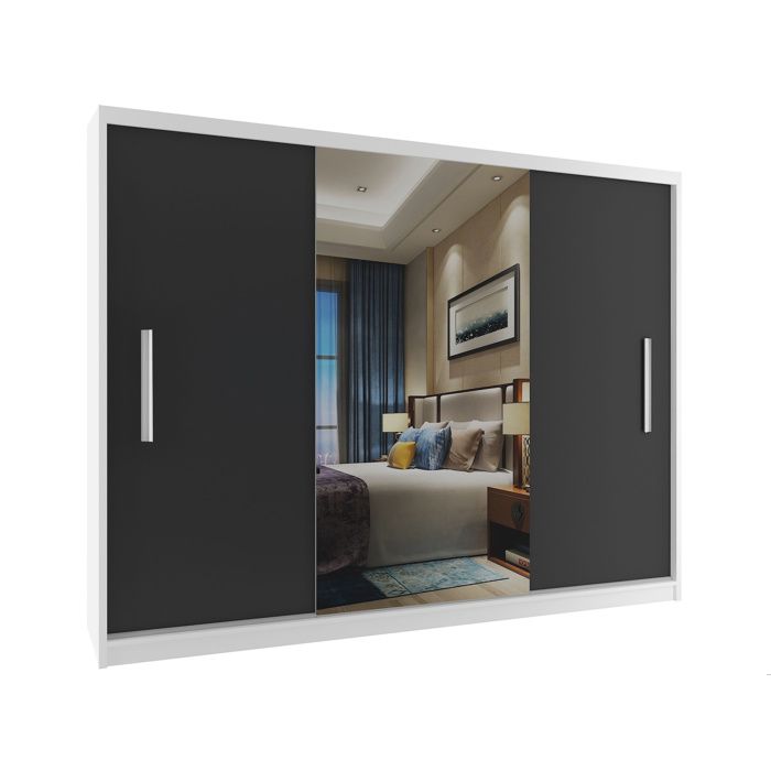 BELINI Grande Armoire 3 Portes Coulissantes VERONA ME 232 cm - Blanc / Noir Mat - Miroir Intégré & Tringle - Chambre Adulte