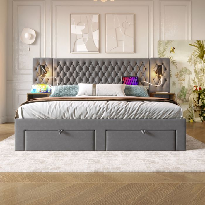 Lit double 160 x 200 cm en velours gris avec 2 tables de chevet 4 tiroirs lampes de lecture USB et Type-C