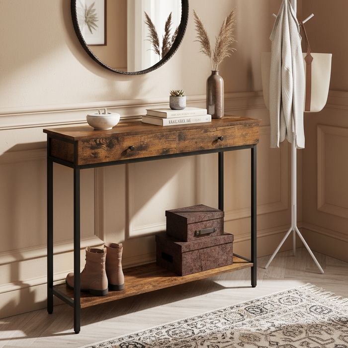 Console d’Entrée Industrielle avec 2 Tiroirs Table Basse en Acier pour Salon Chambre Entrée Marron et Noir