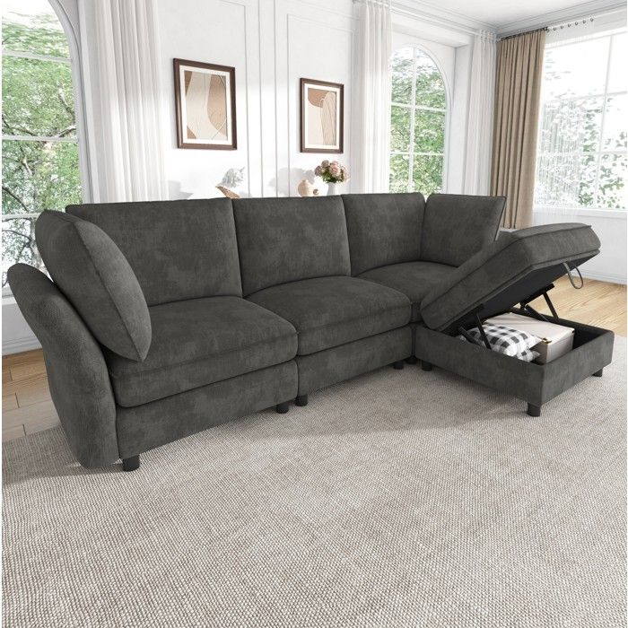Canapé dangle modulable en L 4 places gris avec pouf de rangement chenille assise moelleuse