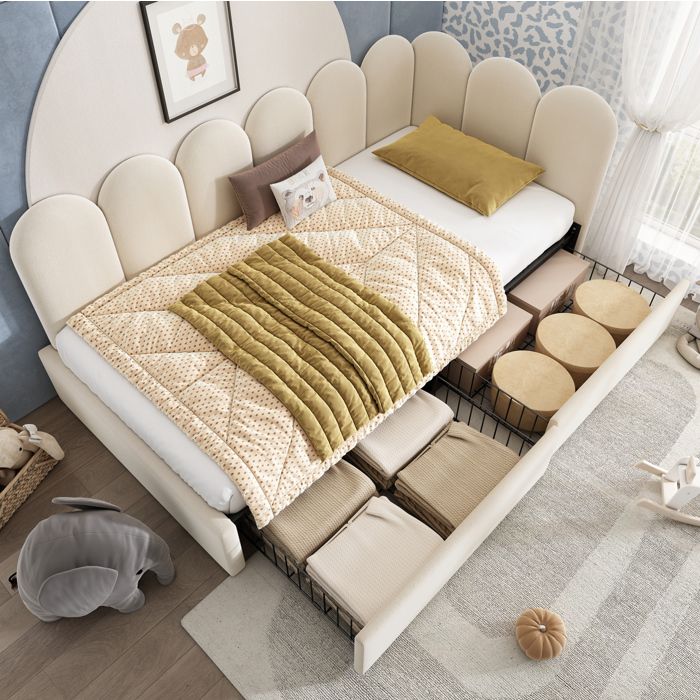 Lit de jour 1 place 90 x 200 cm en velours beige avec 2 tiroirs sommier à lattes inclus sans matelas
