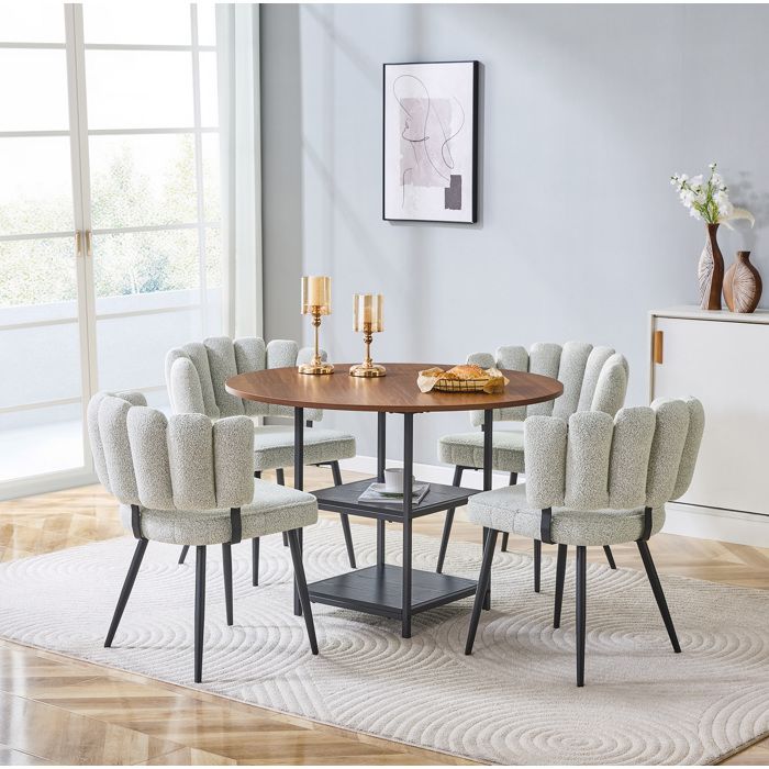 Table de Salle à Manger Ronde 4 Personnes avec 2 Étagères Ouvertes et 4 Chaises - ELVMI - Noyer et Noir