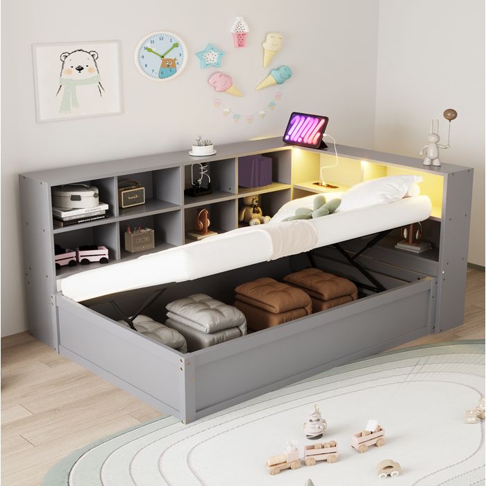 Lit Combiné Simple 90×200 cm Coffre Prise Multifonction LED et Rangements - YEAVIO - Sans Matelas Bois Gris
