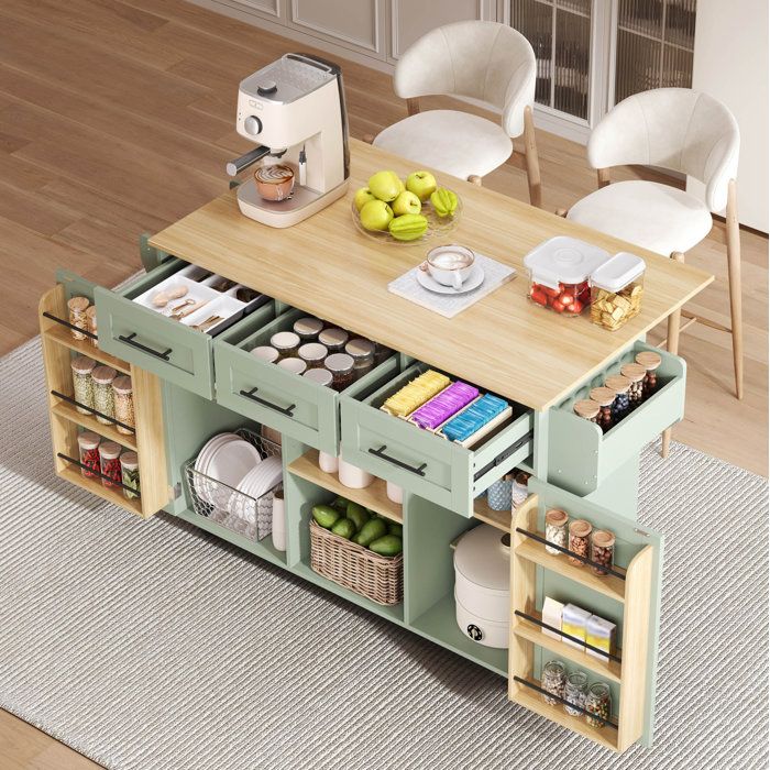 WOVREO Ilot central de cuisine 139 x 46(71) x 91 5 cm avec plateau rabattable 3 tiroirs vert aspect bois