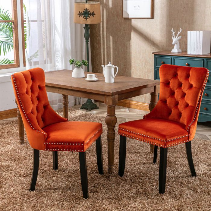 Lot de 2 chaises de Salle à Manger tapissées en Velours chaises de Cuisine avec Bordure en tête de Clous pour salon Orange