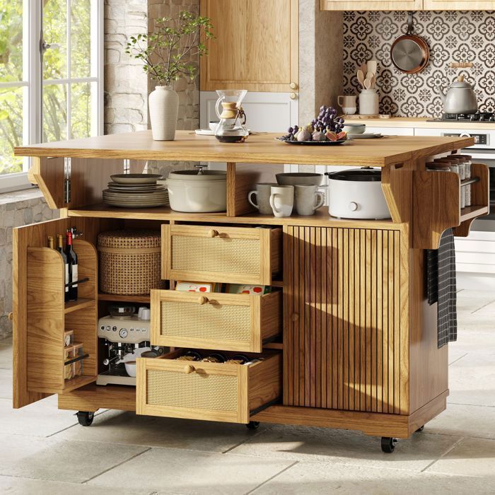 Desserte pliante chariot de cuisine de 95 cm à hauteur ergonomique et tiroirs en résine tressée chariot mobile brun naturel